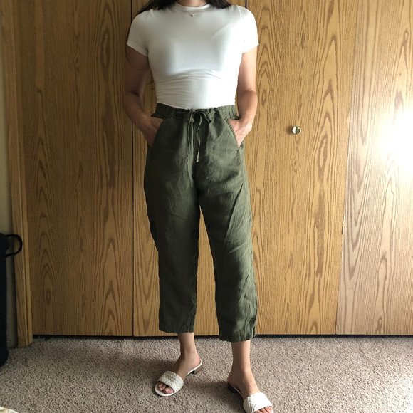 J. Jill 100% Linen Crop Pants in Olive Green - Picture 1 of 6